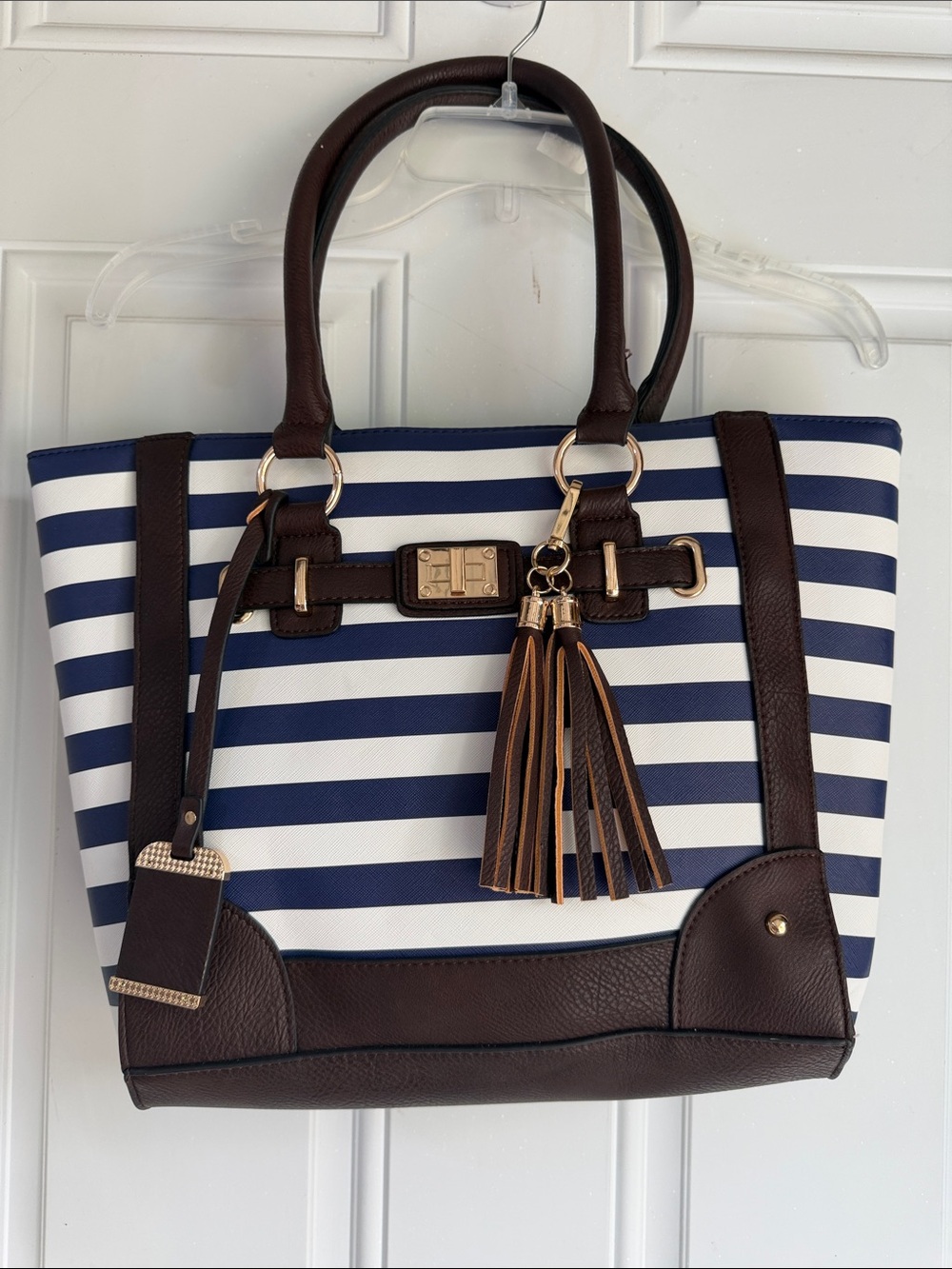 Navy and White Striped Tote with Dark Brown Trim